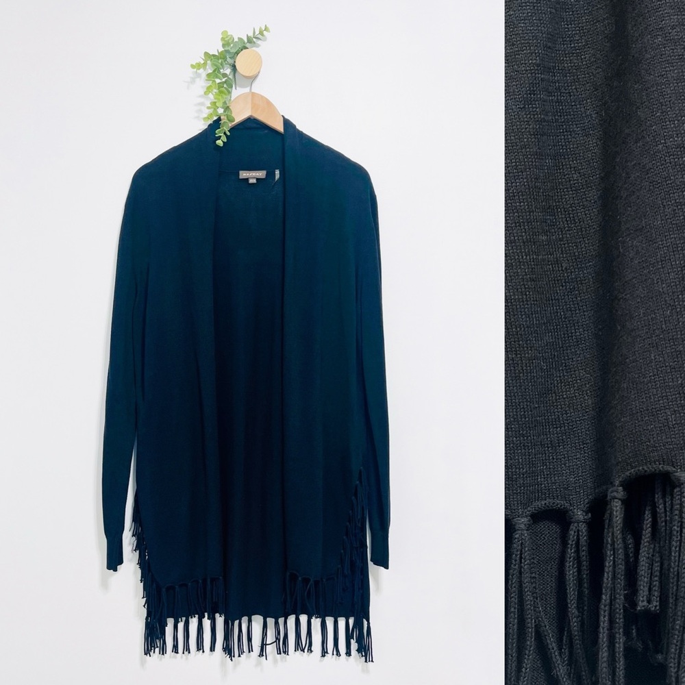 Repeat Black Cotton Blend Open Front Fringe Boho Cardigan Sweater